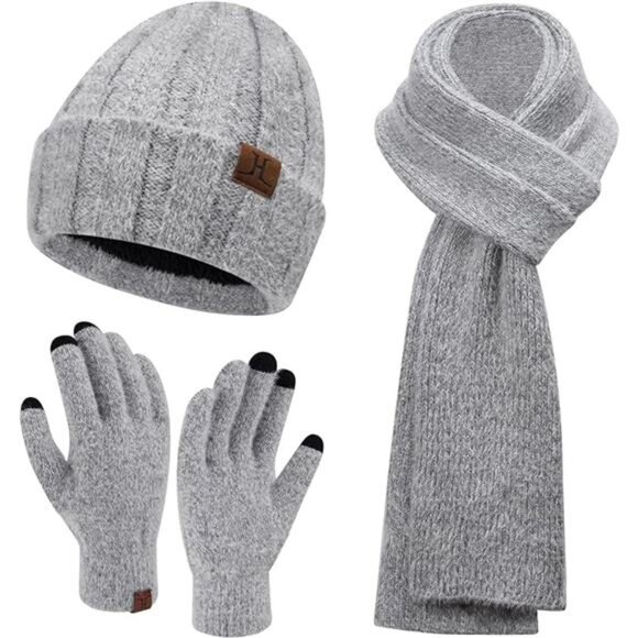 Womens Winter Warm Knit Beanie Hat Touchscreen Gloves Long Neck Scarf Set - Picture 7 of 7